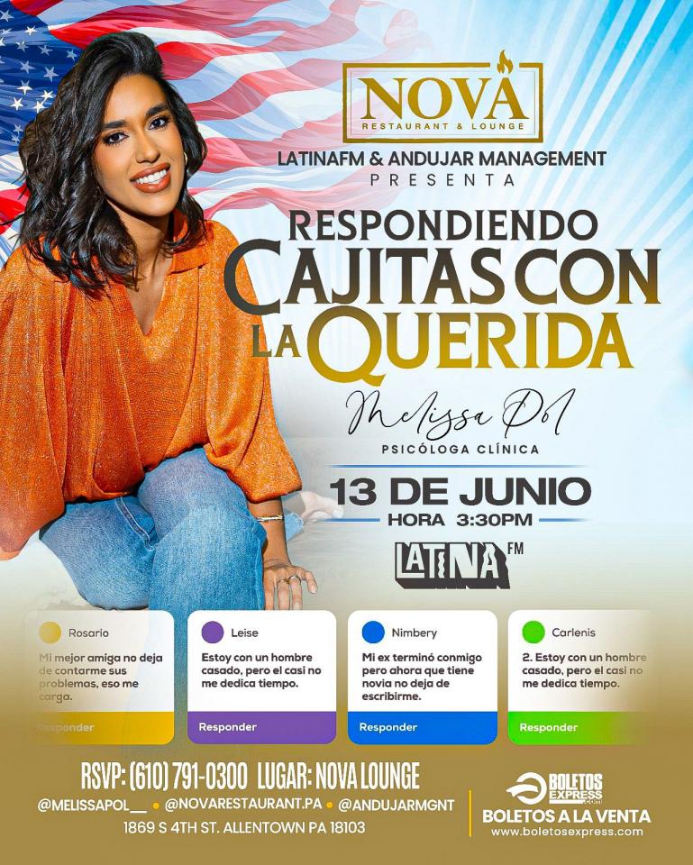 Buy tickets for EVENTO CANCELADO | NOVA LOUNGE PRESENTS: RESPONIENDO CAJITAS CON LA QUERIDA MELISSA POL EVENTO CANCELADO | NOVA LOUNGE PRESENTS: RESPONIENDO CAJITAS CON LA QUERIDA MELISSA POL